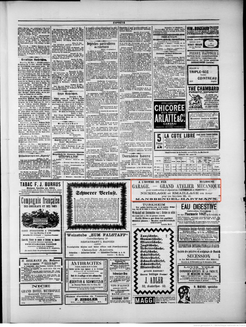 Journal L'Express de Mulhouse du 1er décembre 1898 (p.3) : grand atelier mécanique pour construction et réparation d'automobiles et vélocipèdes.